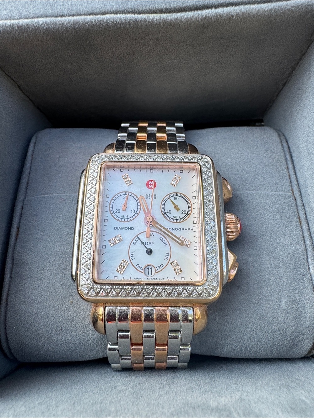 Michele Rose Gold and Silver Two-Tone Deco Chronograph Watch